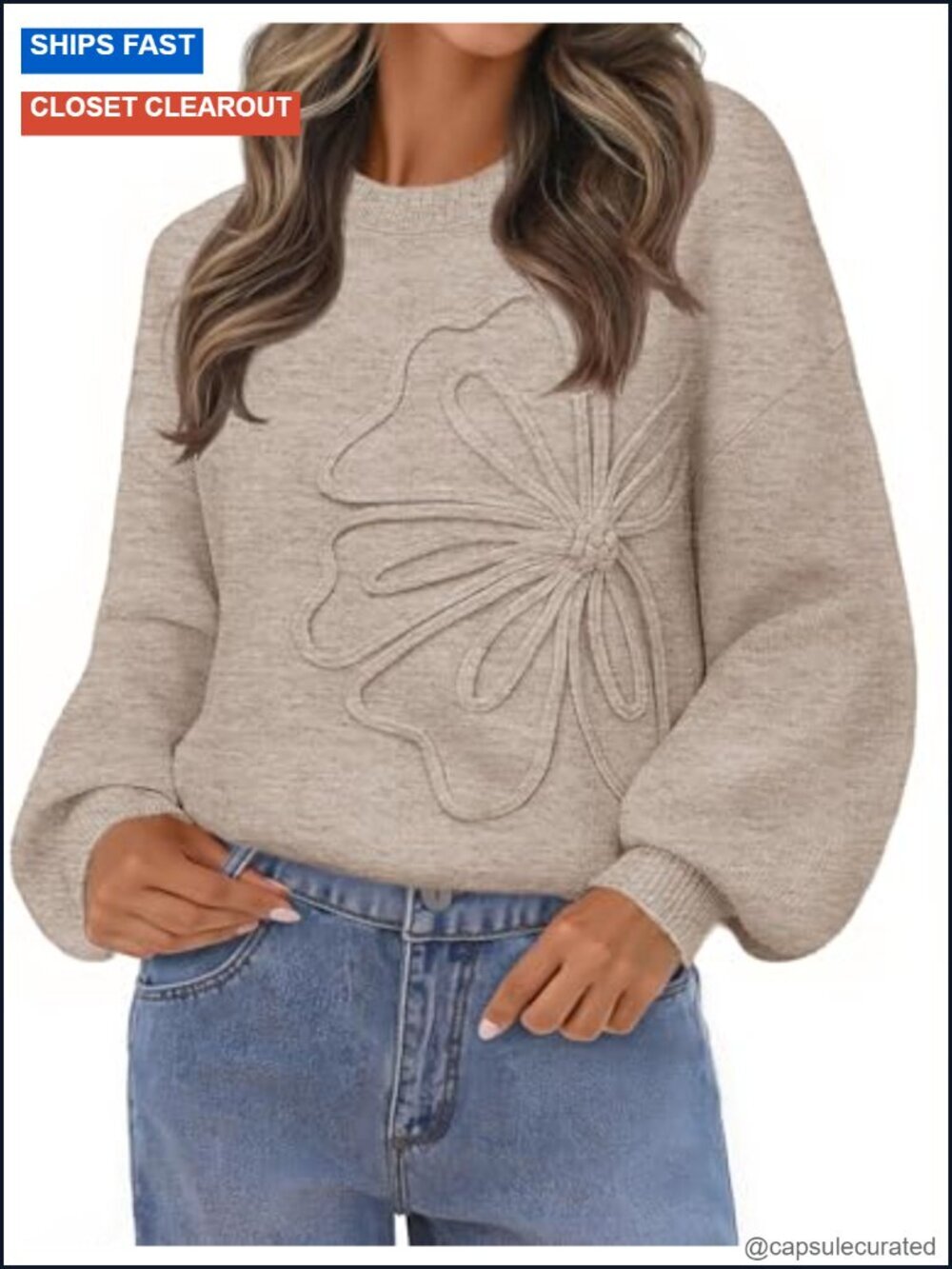 Women's Oversized 3D Floral Lantern Sleeve Pullover Sweater